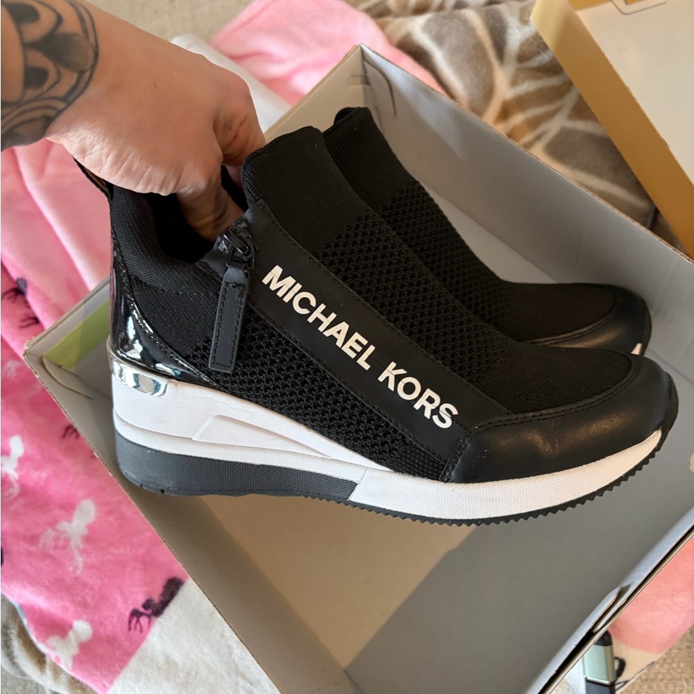 Michael Kors Black Slip-On Wedge Sneakers with White Midsole